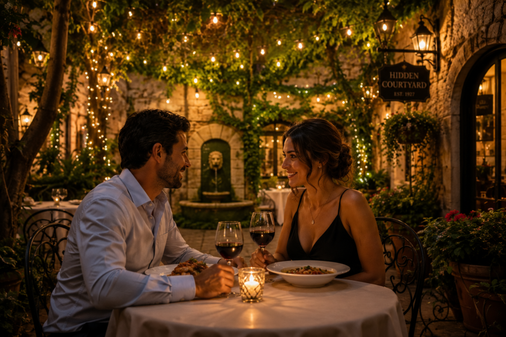 Couple enjoying a romantic candlelit dinner in a hidden courtyard restaurant in historic St. Augustine, surrounded by twinkling lights, lush greenery, and a charming fountain
