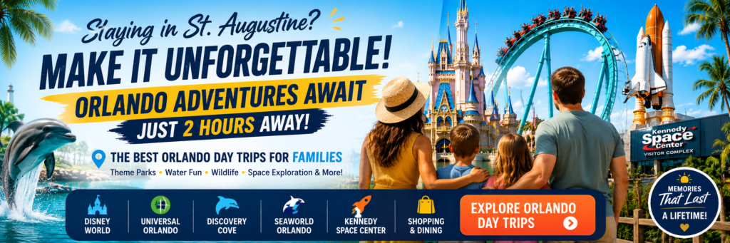 Best Orlando day trips from St. Augustine featuring Disney World, Universal Orlando, Discovery Cove, SeaWorld, and Kennedy Space Center for families