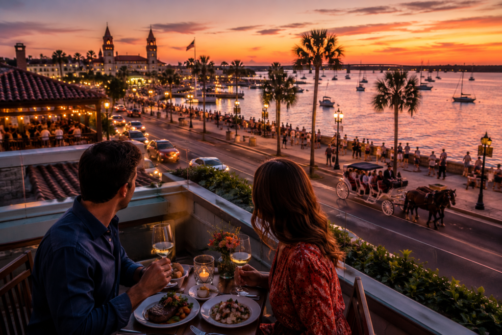 Couple enjoying a romantic rooftop dinner overlooking St. Augustine Bayfront at sunset, with horse-drawn carriages, pedestrians, waterfront views, and the historic downtown skyline