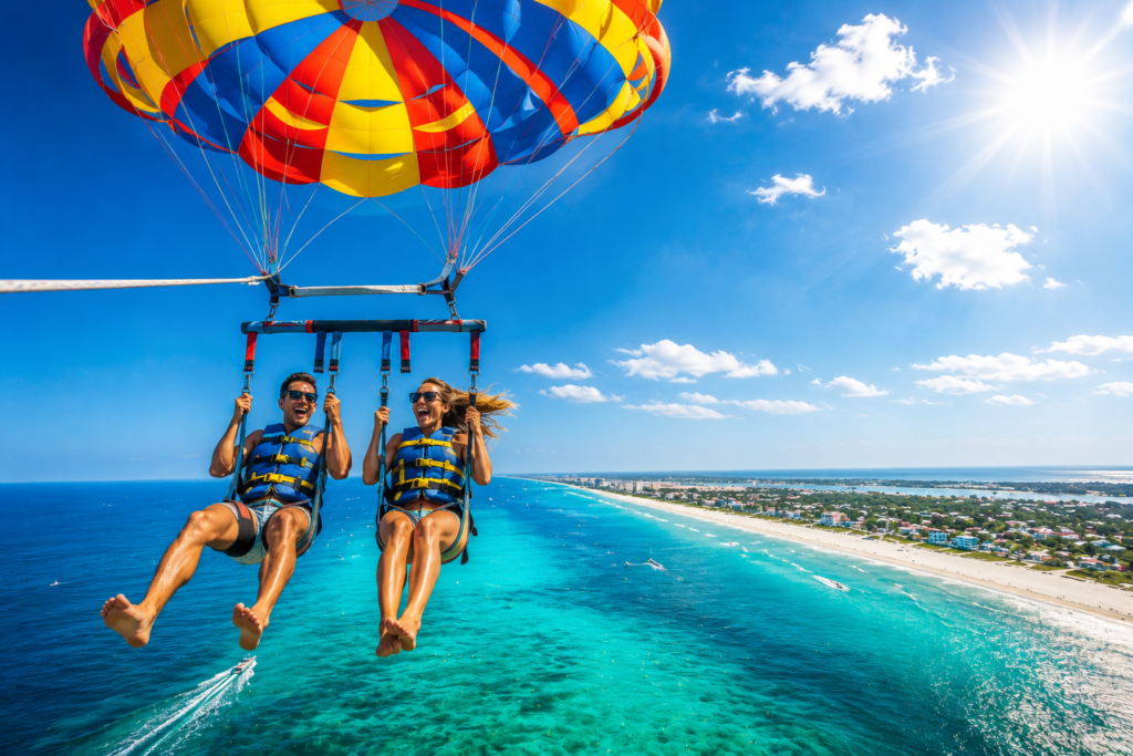 Couple parasailing high above the crystal-clear Atlantic Ocean off the coast of St. Augustine, Florida, on a beautiful sunny day with breathtaking shoreline views