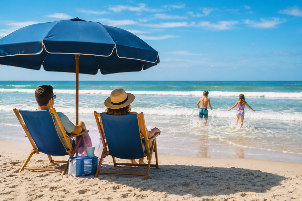 Family enjoying a day at St. Augustine Beach with parents relaxing under a beach umbrella while children play in the gentle Atlantic surf along the sandy shoreline