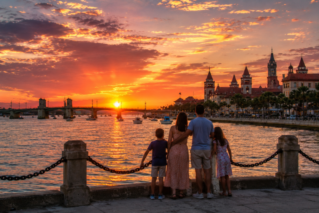 Family enjoying sunset views from the St. Augustine Bayfront near the Bridge of Lions