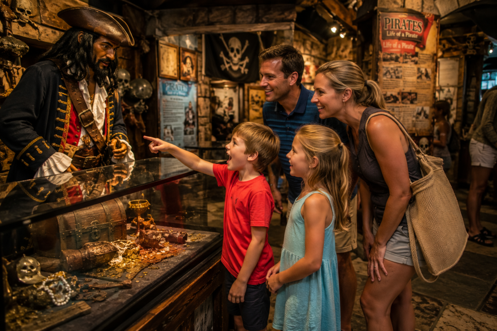 A Family exploring pirate exhibits at the St. Augustine Pirate and Treasure Museum