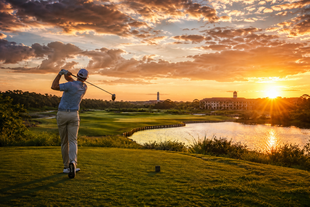 Golfer taking a powerful drive on the King & Bear Golf Course as the sun sets over the fairways, lakes, and clubhouse in St. Augustine, Florida.