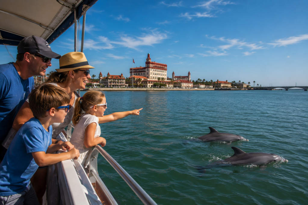 Family spotting dolphins during a wildlife boat tour in St. Augustine Florida