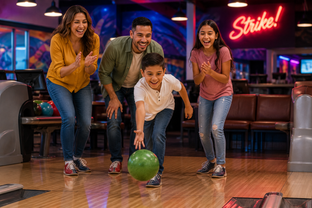 Parents and children bowling together at a family-friendly bowling alley in St. Augustine, Florida