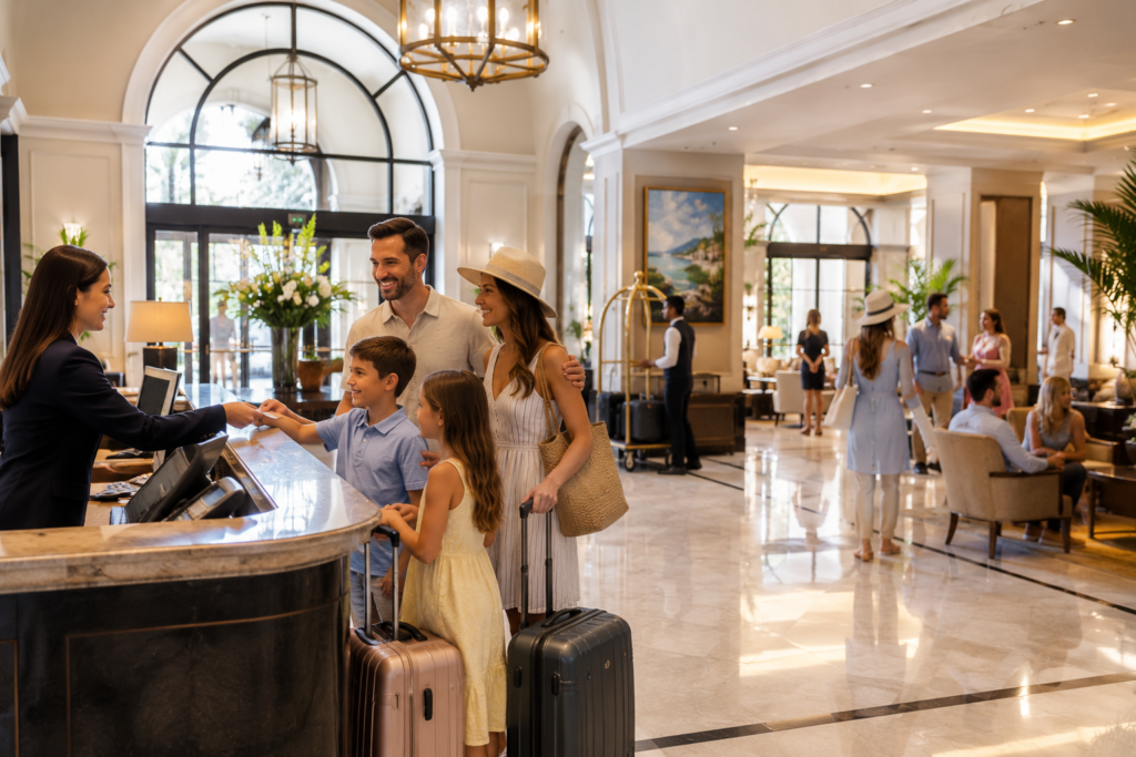 Family checking into a luxury hotel lobby in St. Augustine, Florida during a family vacation