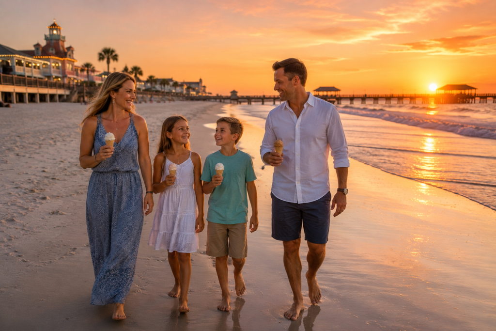 Family walking along St. Augustine Beach at sunset enjoying ice cream during a Florida family vacation