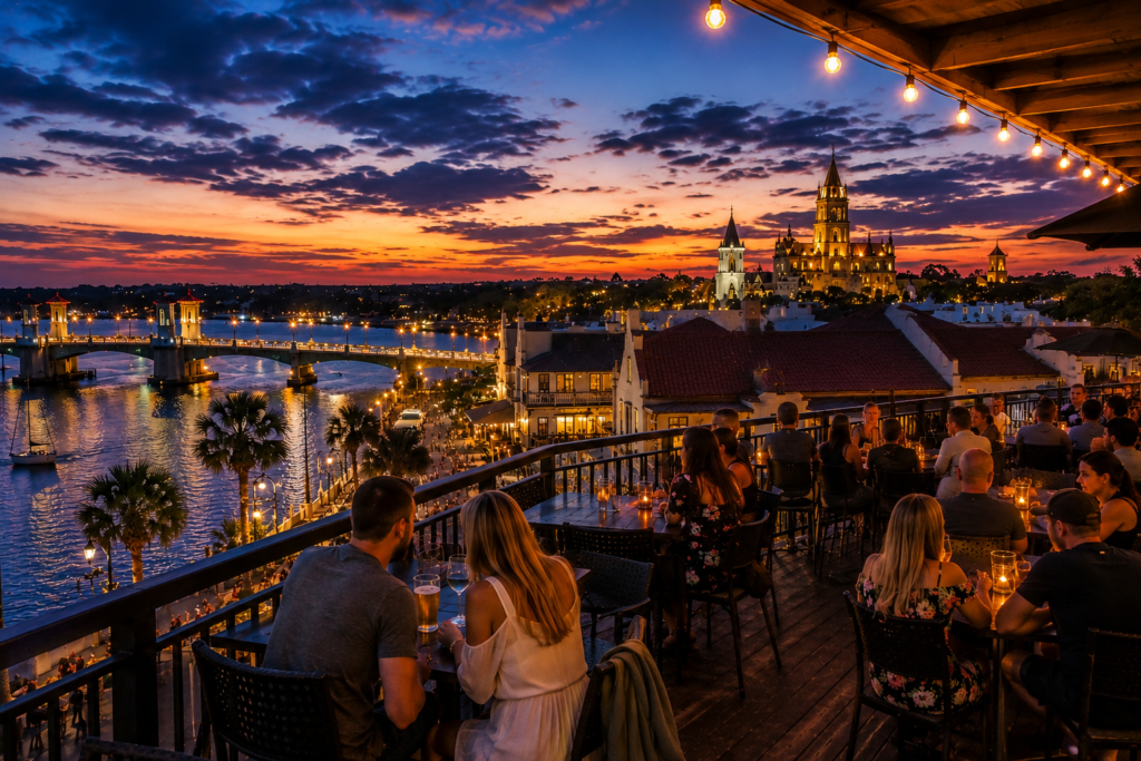 Visitors enjoying rooftop dining and cocktails overlooking downtown St. Augustine and Matanzas Bay at sunset