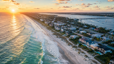Aerial view of the best beaches in St. Augustine Florida including St. Augustine Beach, Vilano Beach, and Crescent Beach along the Atlantic coastline