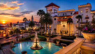 Casa Monica Resort in historic downtown St. Augustine at sunset near St. George Street.