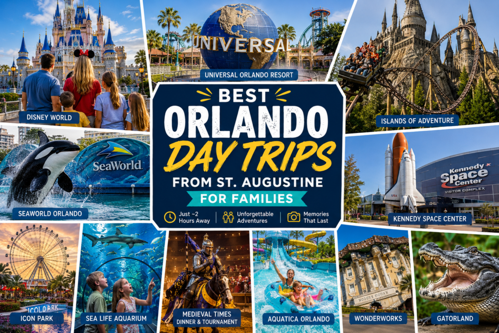 Collage of Orlando family attractions including Disney World, Universal Orlando, Islands of Adventure, Kennedy Space Center, SeaWorld, ICON Park, Aquatica, WonderWorks, Medieval Times, and Gatorland