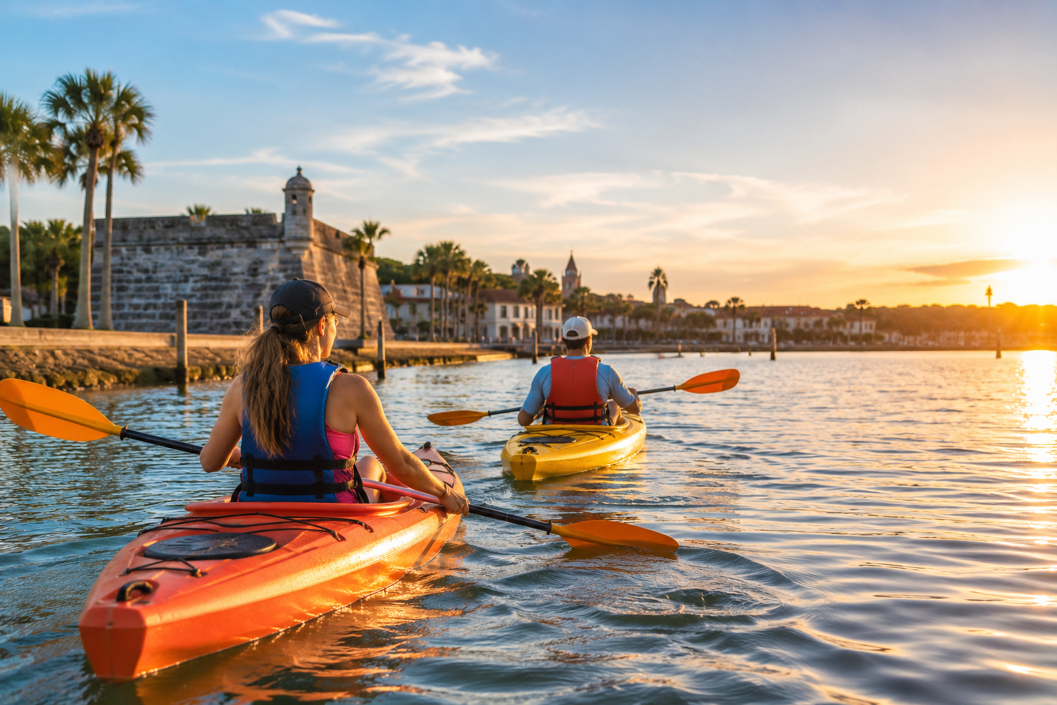 Couple kayaking along the historic St. Augustine waterfront at sunset with views of Castillo de San Marcos, palm trees, and the scenic bayfront