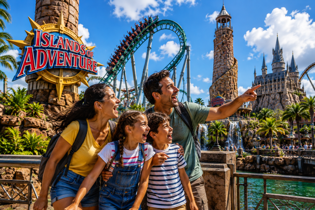 Family enjoying a day at Universal Islands of Adventure in Orlando with roller coasters, themed attractions, and exciting family adventures