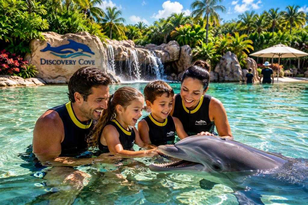 Family enjoying a dolphin encounter at Discovery Cove in Orlando, swimming in a tropical lagoon surrounded by palm trees and crystal-clear water