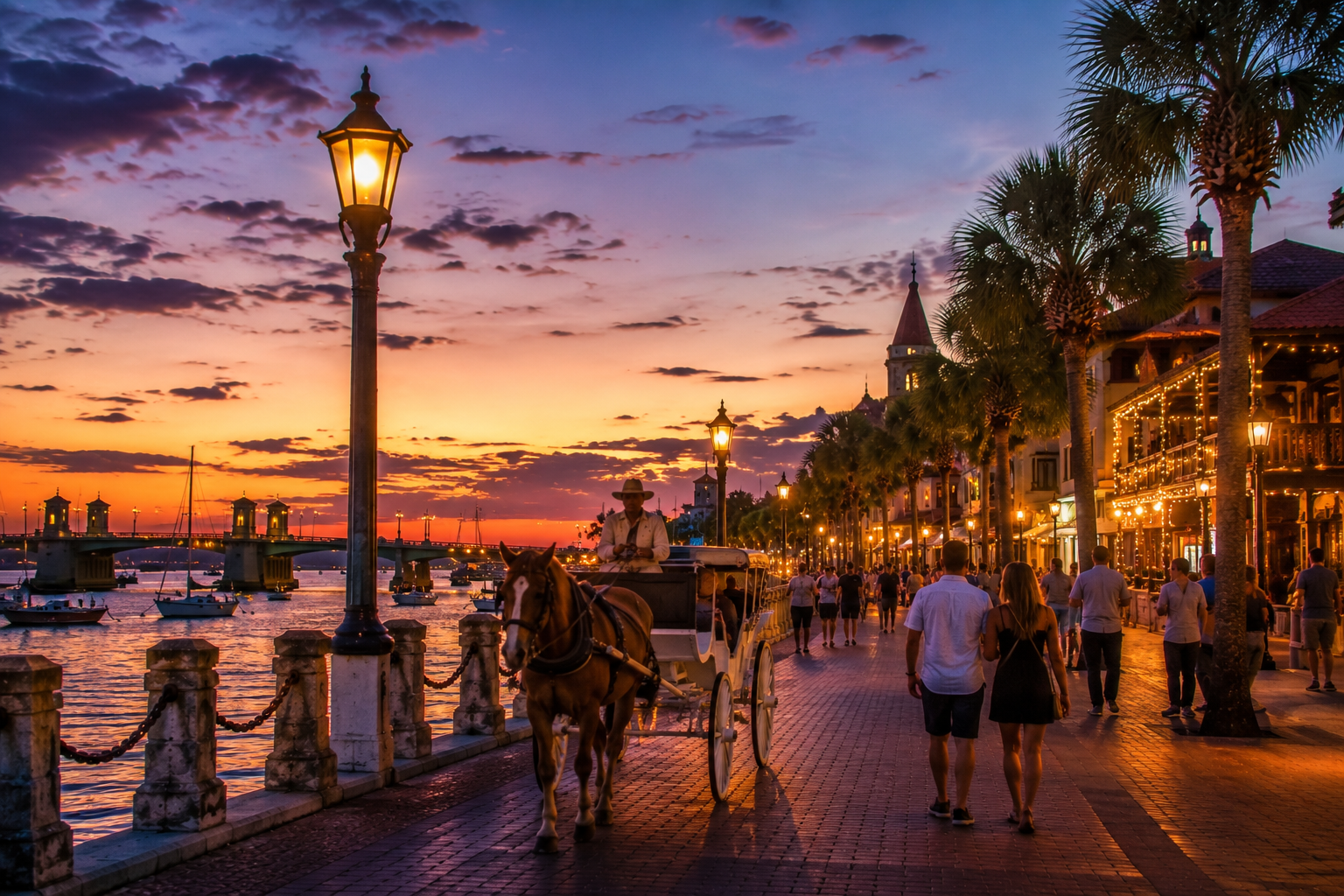 Historic St. Augustine Bayfront at night with glowing lights, waterfront views, and evening visitors