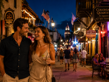 Smiling couple walking along St. George Street at night, enjoying the restaurants, nightlife, and historic charm of downtown St. Augustine.