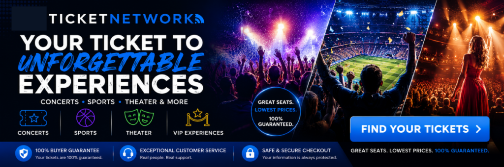 TicketNetwork event ticket marketplace banner featuring concerts, sporting events, theater performances, and VIP experiences with a call to find tickets online