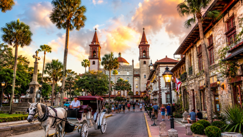 Visitors exploring historic downtown St. Augustine near St. George Street and the Cathedral Basilica