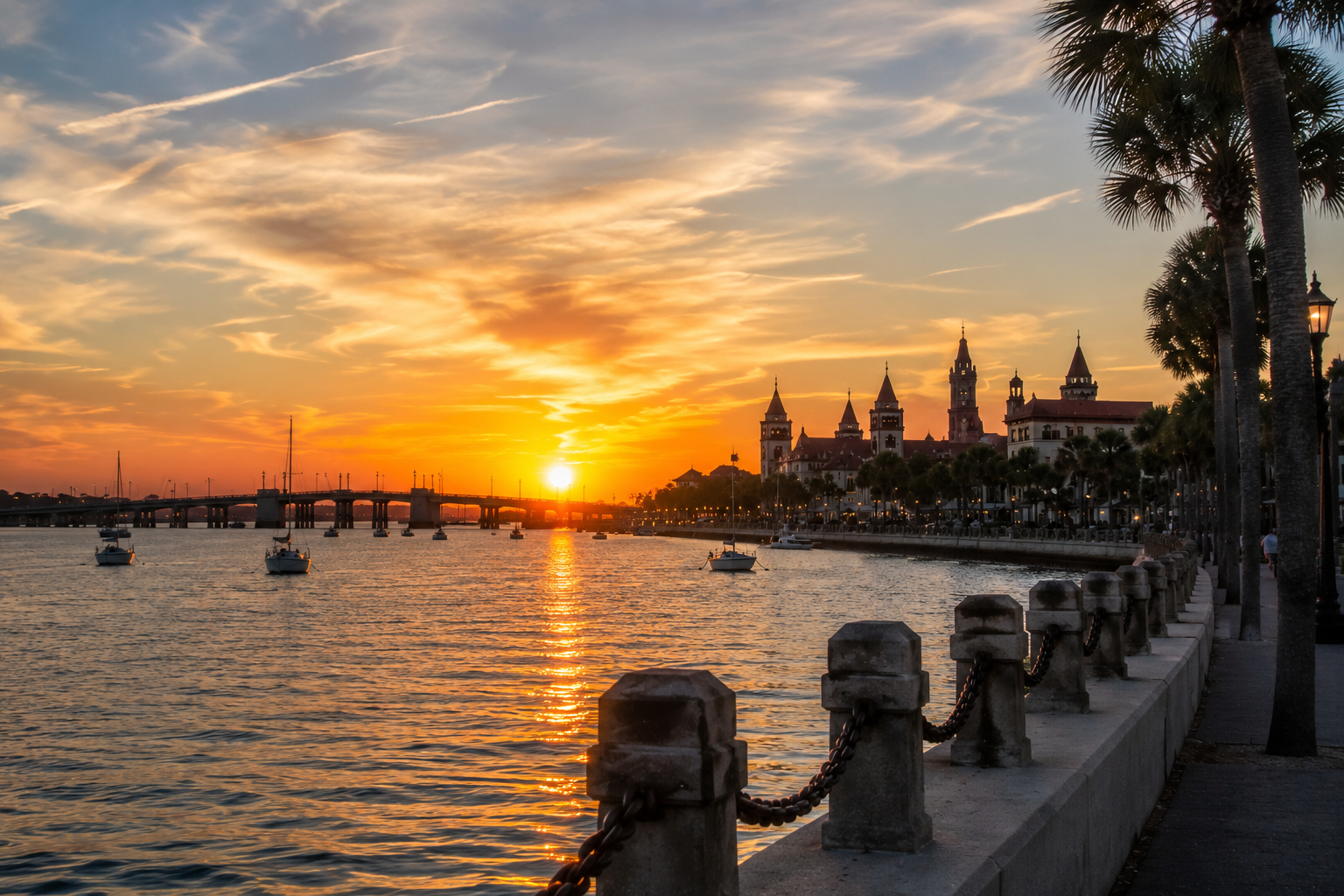 Golden sunset over Matanzas Bay in St. Augustine Florida with sailboats and waterfront views