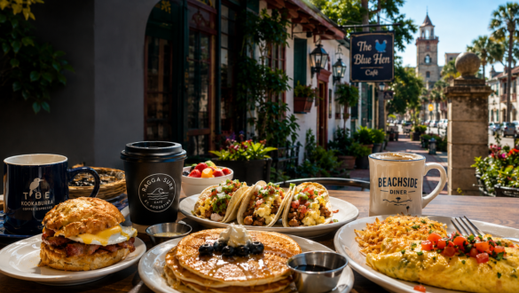 Local breakfast favorites in Historic St. Augustine featuring biscuits, pancakes, breakfast tacos, coffee, and omelets served along a charming Spanish-style street on a sunny Florida morning