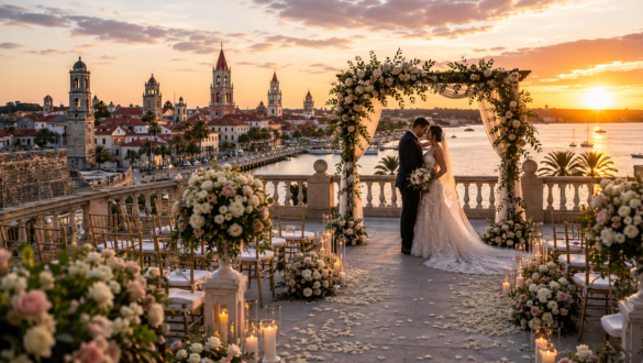 Luxury waterfront wedding ceremony in historic St. Augustine featuring a bride and groom beneath an elegant floral arch overlooking Matanzas Bay at sunset. The breathtaking scene includes candlelit aisles, white rose arrangements, panoramic views of the historic skyline, Spanish colonial architecture, and golden sunlight reflecting across the water, creating the perfect destination wedding setting in America's oldest city