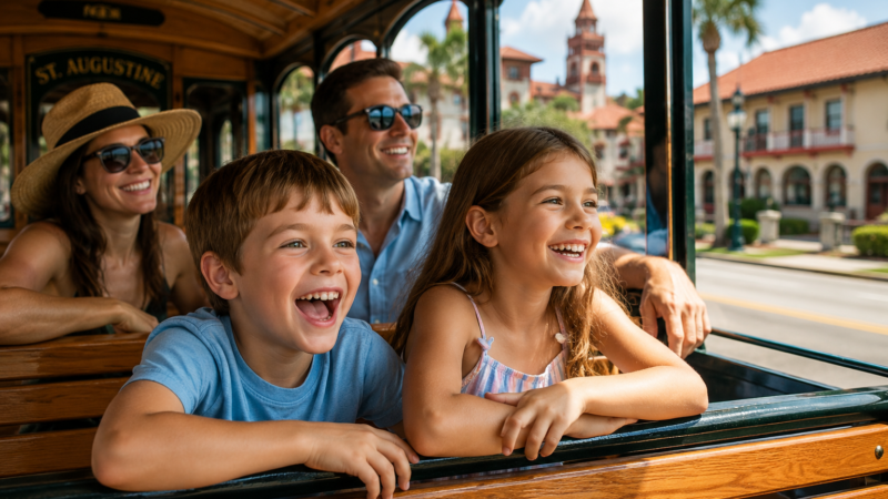 Happy family exploring St. Augustine, Florida with children enjoying a sunny family vacation near historic attractions and beaches