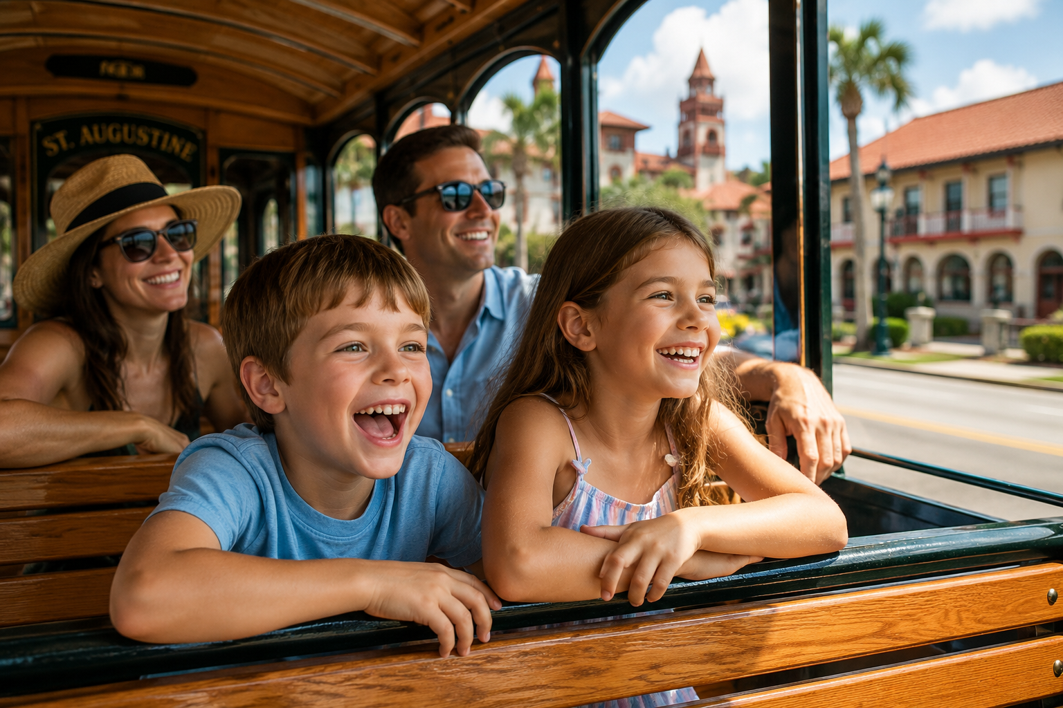 Happy family exploring St. Augustine, Florida with children enjoying a sunny family vacation near historic attractions and beaches