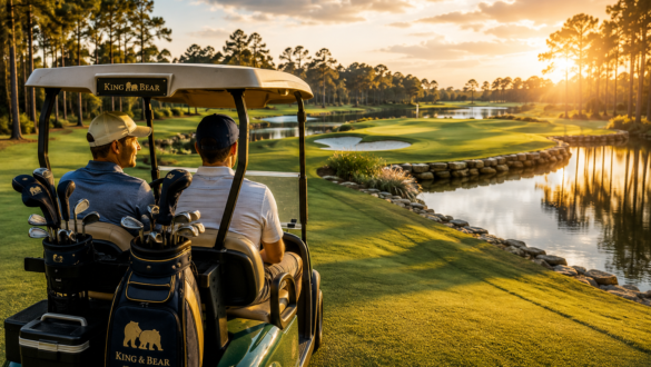 Two golfers riding in a golf cart along the championship King & Bear Golf Course in St. Augustine, Florida, overlooking pristine fairways, sparkling water hazards, and towering pine trees during a beautiful golden sunset