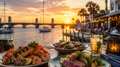 Fresh seafood and handcrafted cocktails overlooking the waterfront in Historic St. Augustine at sunset, showcasing the city's vibrant dining scene with the Bridge of Lions, sailboats, and waterfront restaurants
