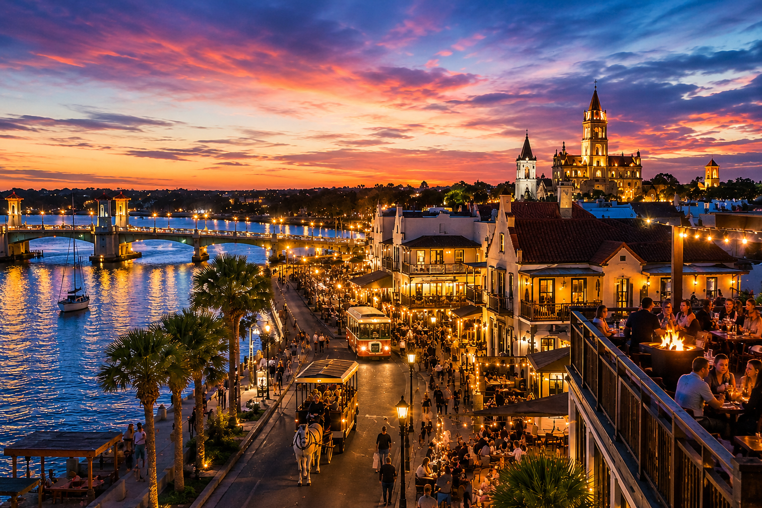 Historic downtown St. Augustine nightlife scene with glowing lights, restaurants, and evening visitors