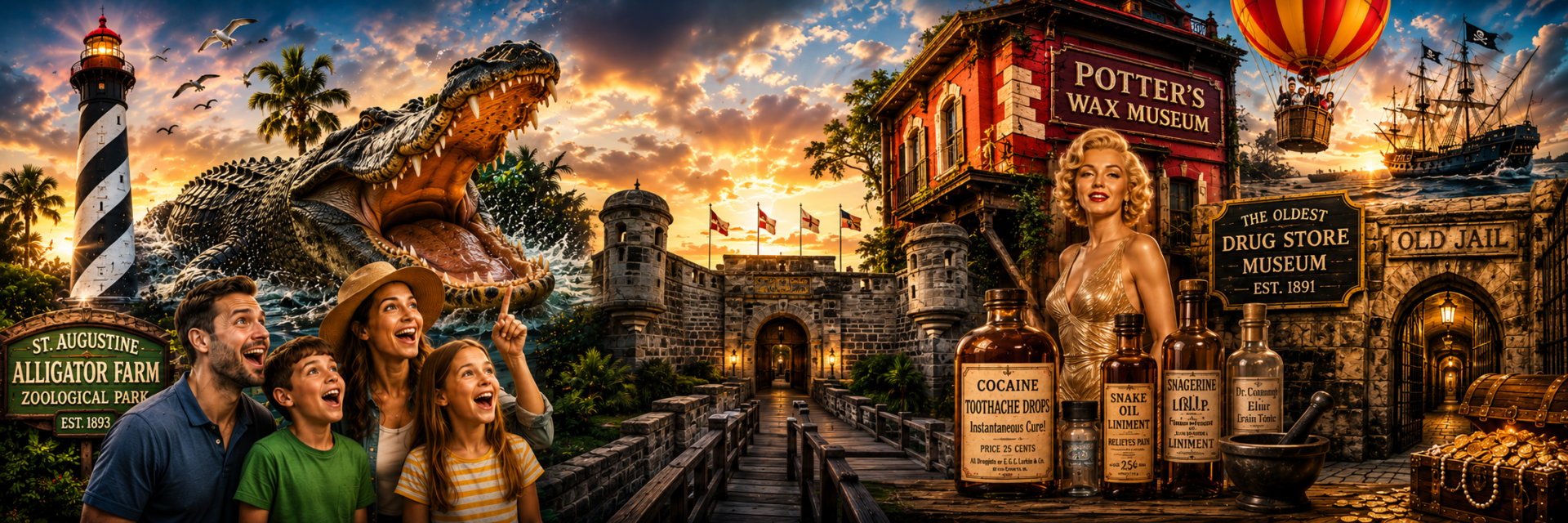 Family discovering the wonder of St. Augustine attractions featuring the lighthouse, alligator exhibits, historic museums, pirate adventures, and iconic landmarks throughout the nation's oldest city.