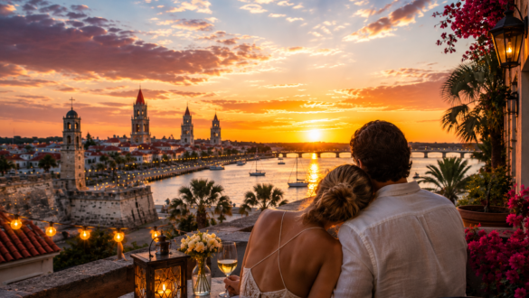 Romantic honeymoon scene in St. Augustine featuring a couple enjoying a sunset overlooking Matanzas Bay and the historic skyline from an elegant rooftop terrace. The breathtaking view includes the Castillo de San Marcos, sailboats on the water, glowing lanterns, palm trees, string lights, and vibrant sunset colors creating the perfect atmosphere for a honeymoon in America's oldest city