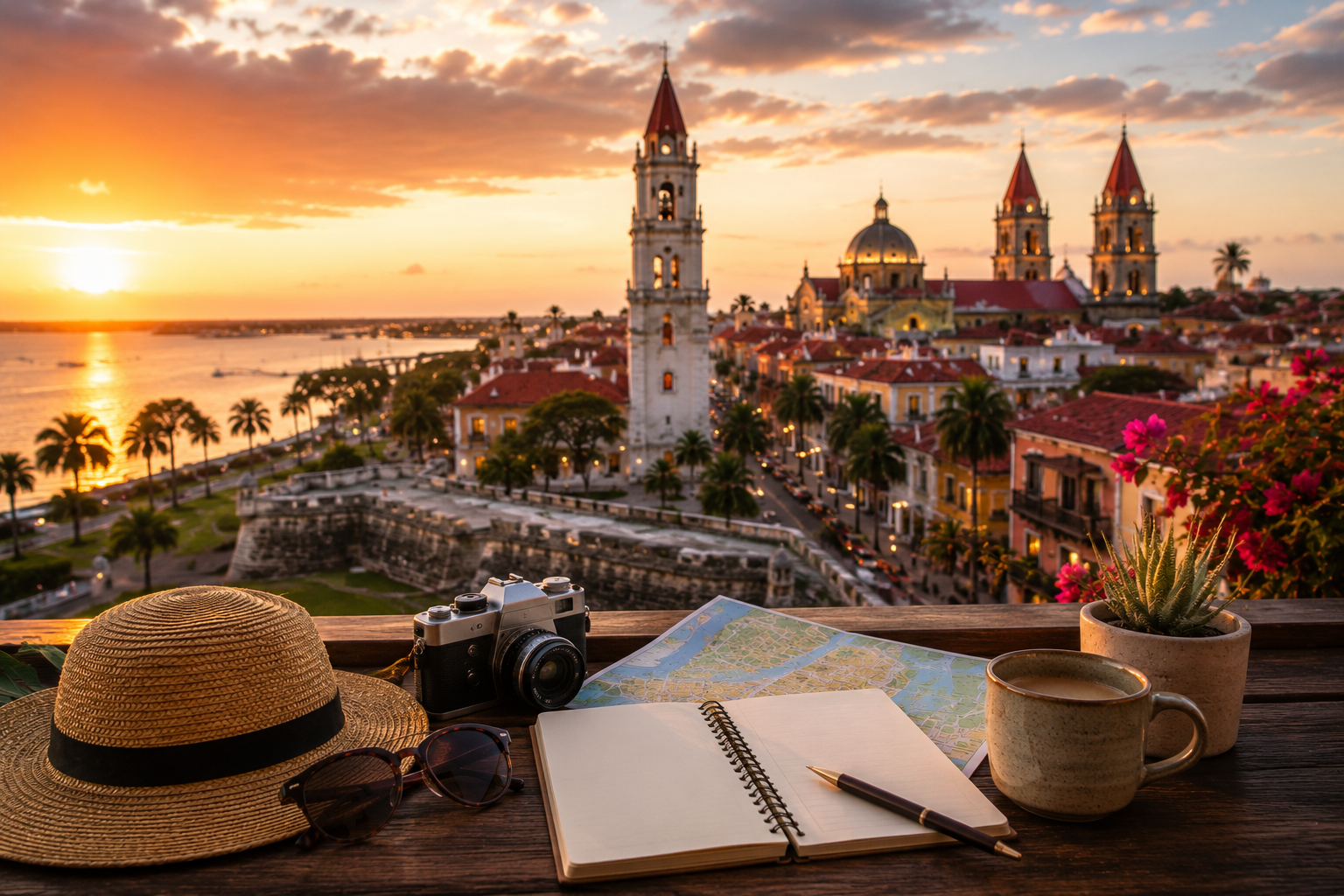 Travel planning scene overlooking historic downtown St. Augustine at sunset featuring a map, notebook, camera, coffee, and panoramic views of the bayfront, Spanish architecture, and palm-lined streets
