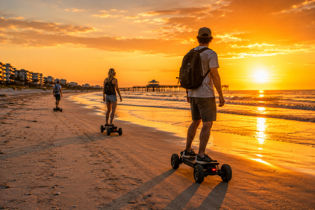 Visitors riding all-terrain electric skateboards along St. Augustine Beach during golden hour near the St. Augustine Beach Pier