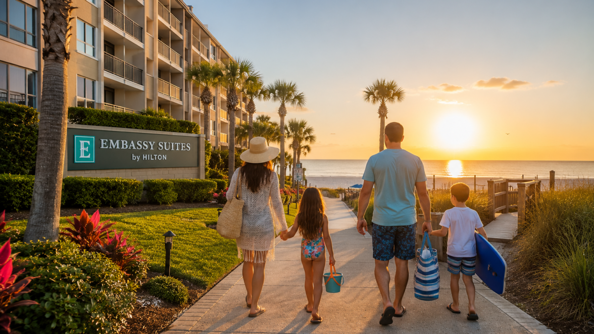 Family walking from Embassy Suites by Hilton St. Augustine Beach Oceanfront Resort to the beach at sunrise in St. Augustine Beach, Florida.