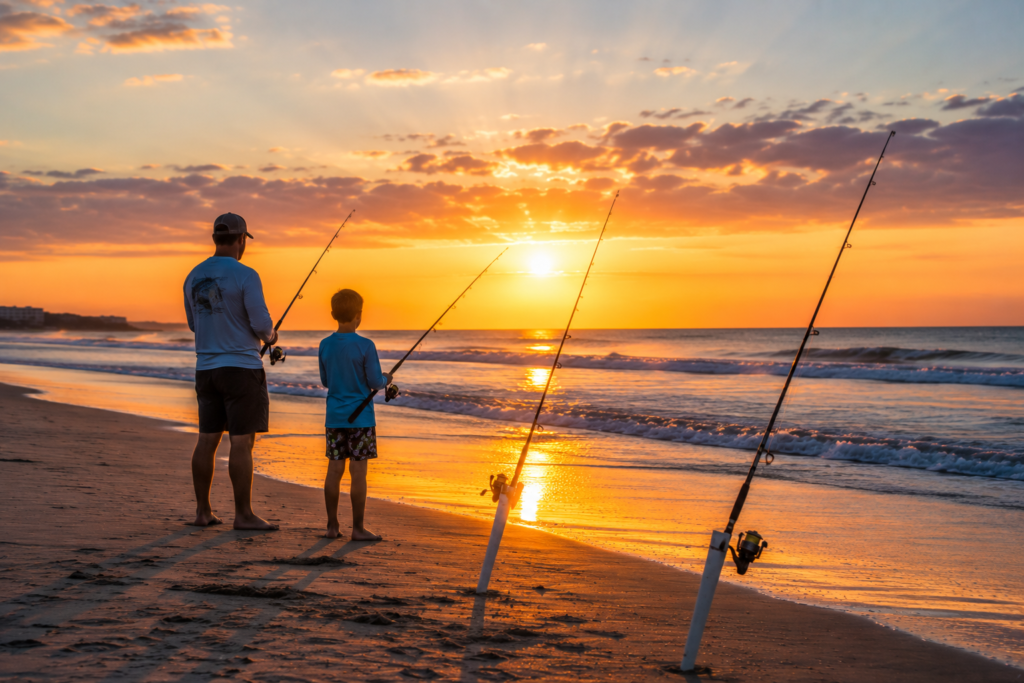 Father and son surf fishing at sunrise with fishing rods planted in the sand on St. Augustine Beach, Florida