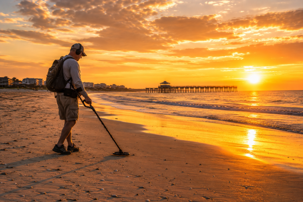 Treasure hunter using a metal detector on St. Augustine Beach at sunrise with the St. Augustine Beach Pier in the distance.