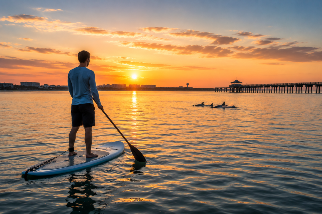 Man paddleboarding on calm morning water near St. Augustine Beach as dolphins swim near the St. Augustine Beach Pier at sunrise.