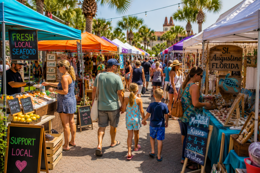 Families browsing colorful vendor tents with fresh food, local produce, handmade crafts, and artisan goods at a farmers market in St. Augustine Beach, Florida.