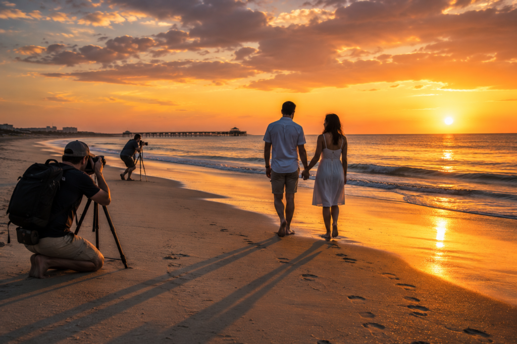 Couple walking barefoot along St. Augustine Beach at sunrise as photographers capture the golden morning light near the St. Augustine Beach Pier