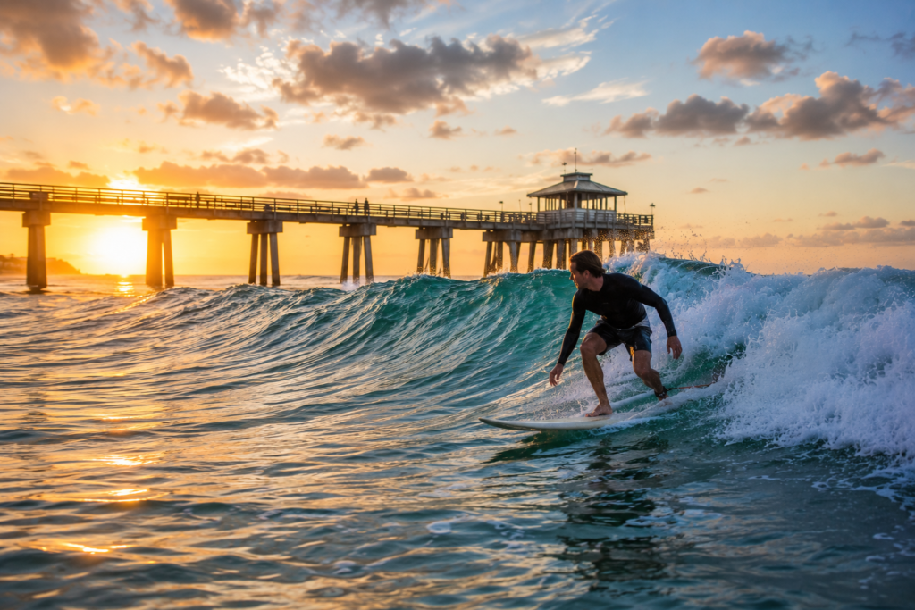 Surfer riding a clean morning wave near the St. Augustine Beach Pier at sunrise in St. Augustine Beach, Florida.