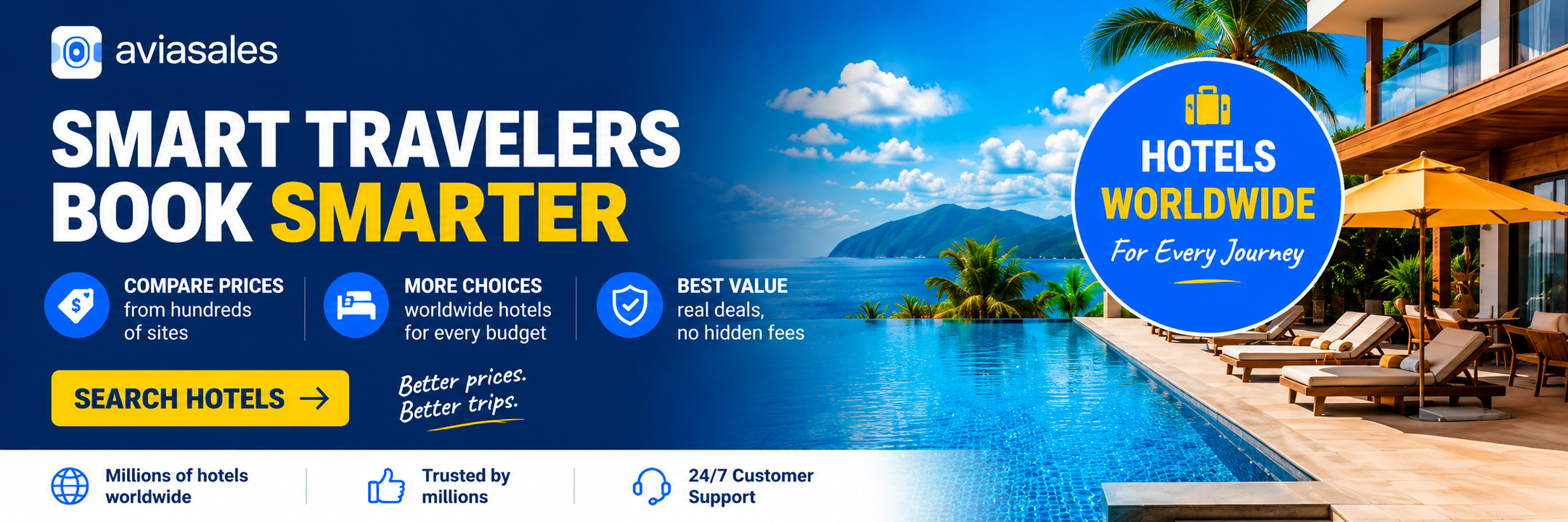 Luxury beachfront resort with infinity pool and ocean views promoting worldwide hotel deals and price comparison through Aviasales hotel search platform