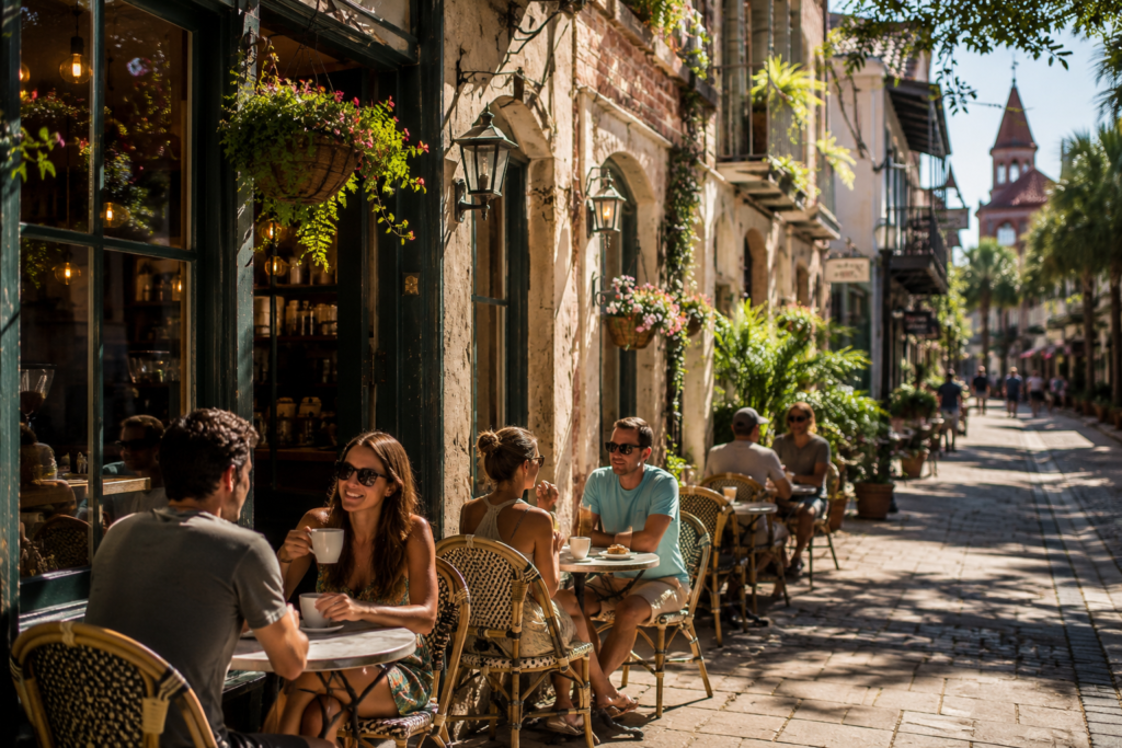 People enjoying coffee at outdoor café tables along a charming historic street in downtown St. Augustine, Florida, showcasing the city's vibrant local coffee culture.