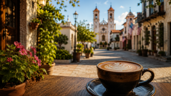 Best coffee shops in St. Augustine featuring a latte at an outdoor café overlooking the historic district near Cathedral Basilica in downtown St. Augustine, Florida.