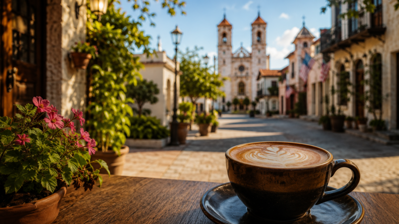 Best coffee shops in St. Augustine featuring a latte at an outdoor café overlooking the historic district near Cathedral Basilica in downtown St. Augustine, Florida.