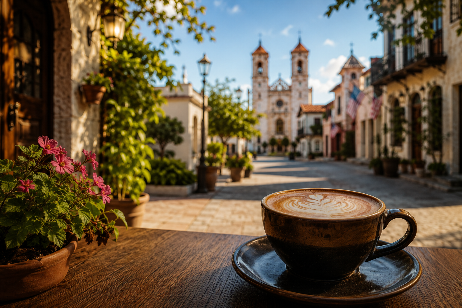 Best coffee shops in St. Augustine featuring a latte at an outdoor café overlooking the historic district near Cathedral Basilica in downtown St. Augustine, Florida.