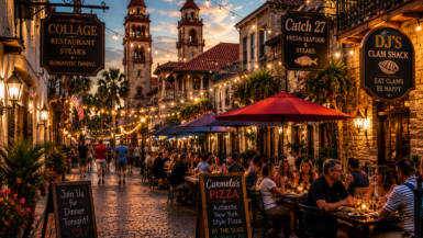 Historic downtown St. Augustine at sunset featuring outdoor dining, glowing string lights, Spanish colonial architecture, and locals and visitors enjoying dinner at popular restaurants in the historic district