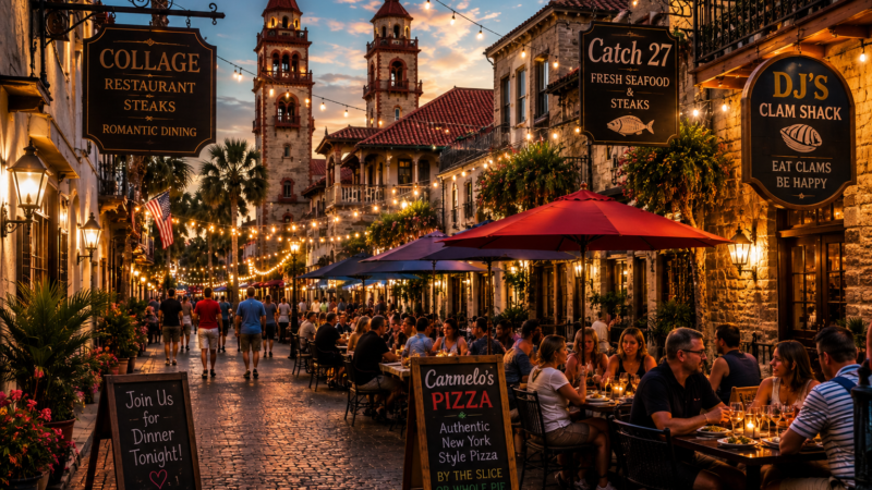 Historic downtown St. Augustine at sunset featuring outdoor dining, glowing string lights, Spanish colonial architecture, and locals and visitors enjoying dinner at popular restaurants in the historic district