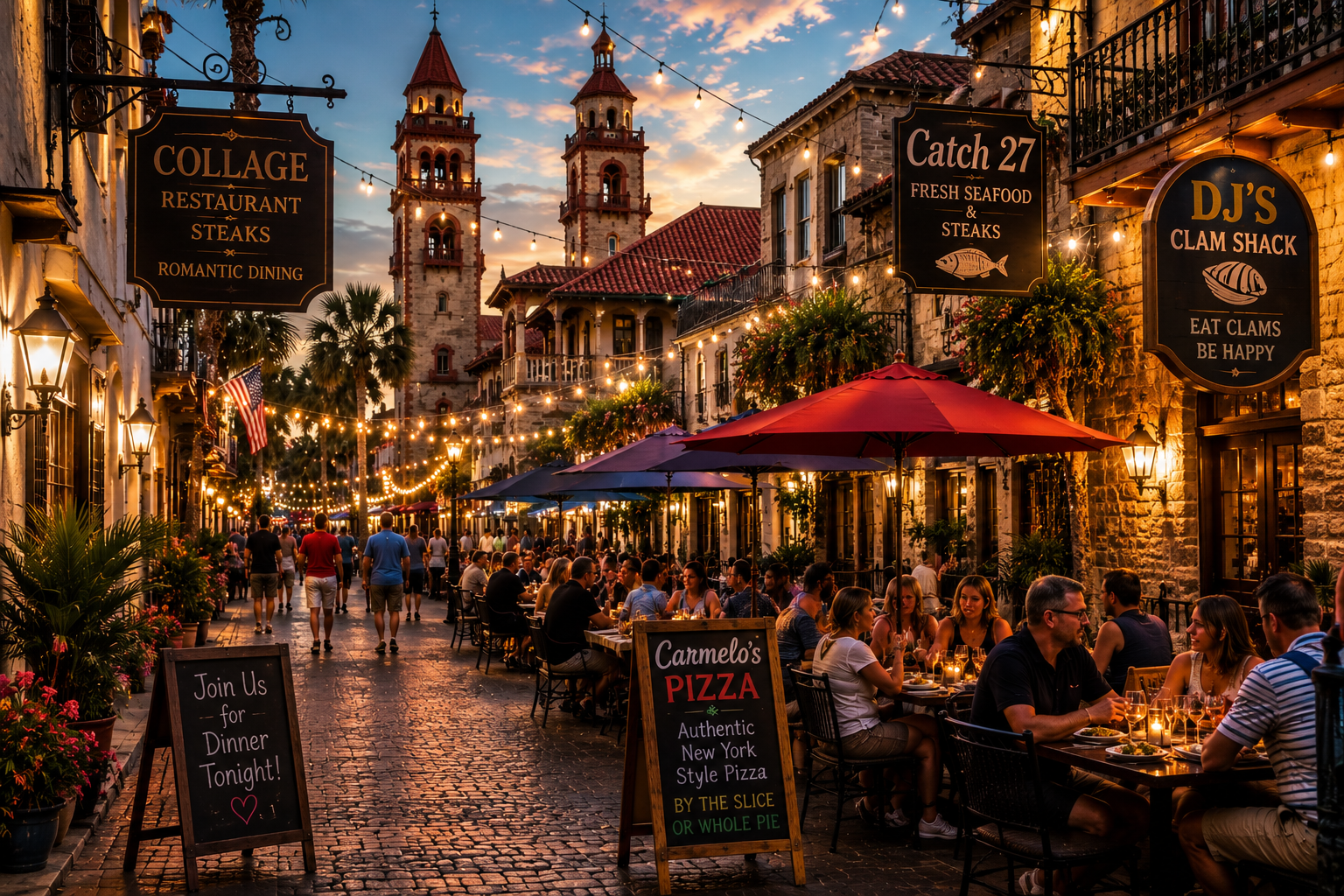 Historic downtown St. Augustine at sunset featuring outdoor dining, glowing string lights, Spanish colonial architecture, and locals and visitors enjoying dinner at popular restaurants in the historic district